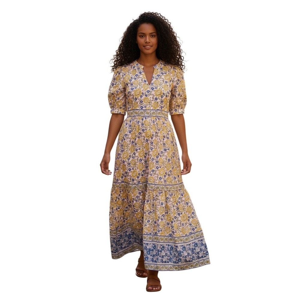 Uncle Frank Banded Block Print Maxi Dress Large, bohemian, cottagecore, resort
